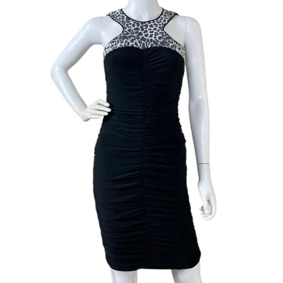 New Cache Leopard Print Sequined Ruched Bodycon Cocktail Dress Black Gray Size 2 - Picture 1 of 9